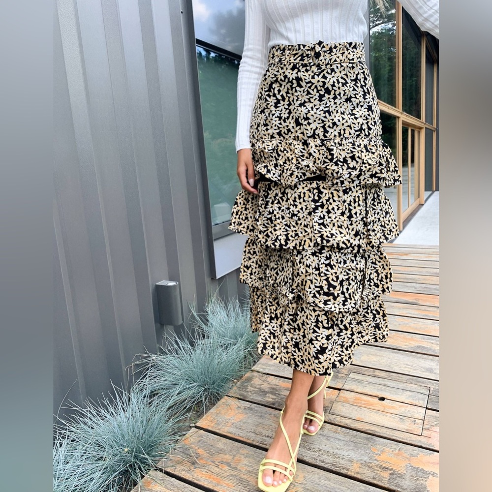 & Other Stories belted floral ruffled midi skirt